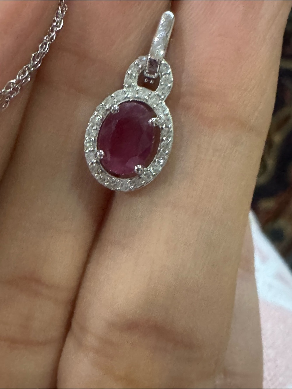 Vintage 1CT Natural Ruby & Diamonds Halo Pendant Necklace 10K White Gold - Picture 7 of 17